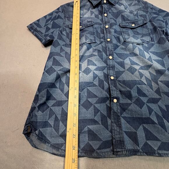 Thread Cloth Distressed Geometric Denim Shirt S Blue Jean Retro Pockets Western - Picture 6 of 9